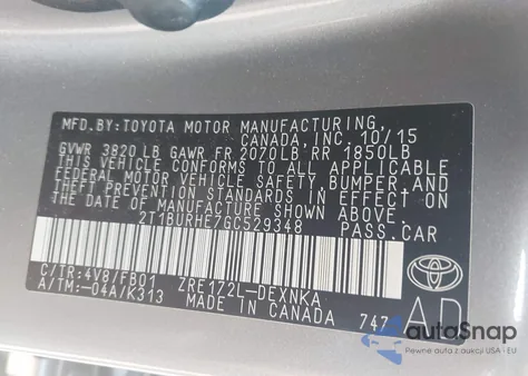 2016 Toyota Corolla Le из США, поврежденный, VIN 2T1BURHE7GC529348